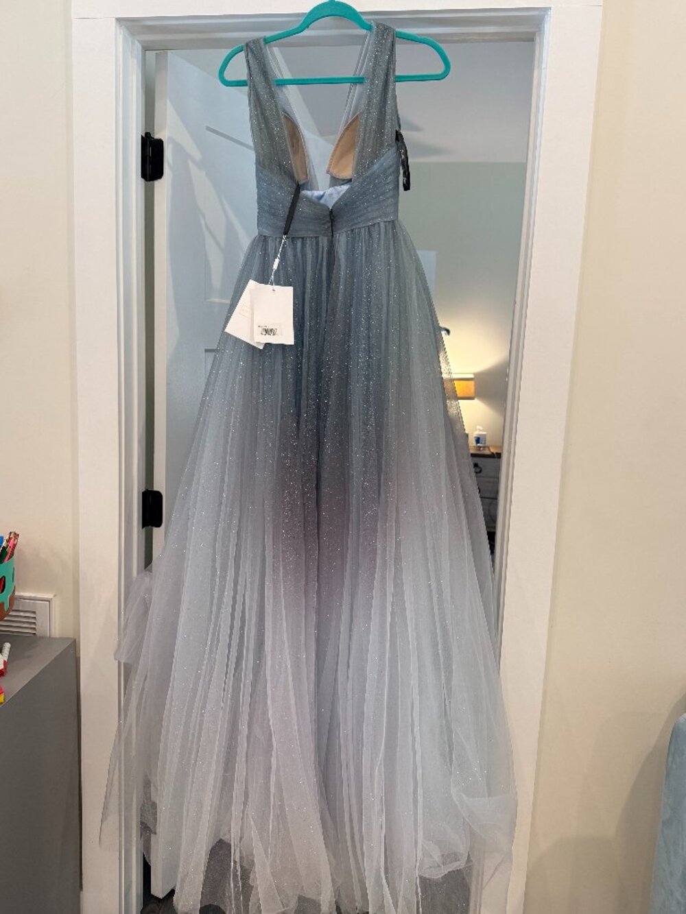 Mac Duggal NWT Jade Blue Ombre Glitter Tulle Dress Style #20380 Size 0 - Picture 10 of 15